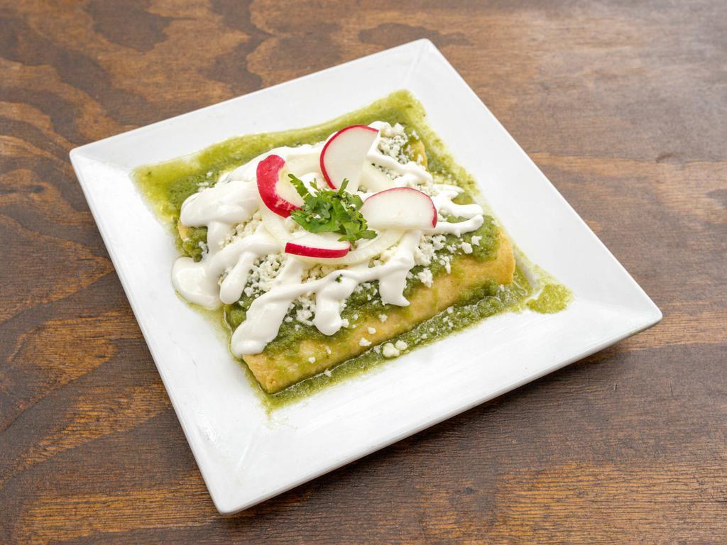 Steak Enchiladas · Choice of green sauce, fresh tomato sauce or sun-dried red pepper sauce with homemade tortillas and shredded Mexican cheese on top. Served with a side rice and beans.