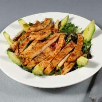 Avocado Salad · A bed of mixed greens topped with grilled chicken, avocado slices, tomatoes and fresh Mexica...