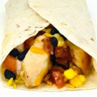 7. Burrito Wrap · Pulled roasted chicken, rice, beans, corn and topped with blended cheddar cheese.