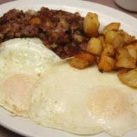  Eggs Any Style with Corn Beef Hash · Served with choice of
 fries and toast.