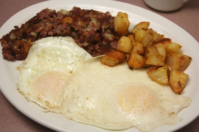  Eggs Any Style with Corn Beef Hash · Served with choice of
 fries and toast.