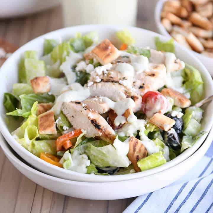 Grilled Chicken Greek Salad · Grilled chicken, Romaine lettuce,tomatoes, cucumbers, onions,black olives and Feta cheese