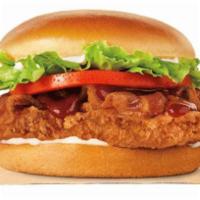 Spicy Crispy chicken Bacon Sandwich · Crispy chicken tenders with crispy bacon on a Brioche Bun over a bed of Lettuce, Tomatoes an...