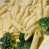 Pasta with Chicken and Broccoli · Pasta with grilled chicken and broccoli in an Alfredo sauce.