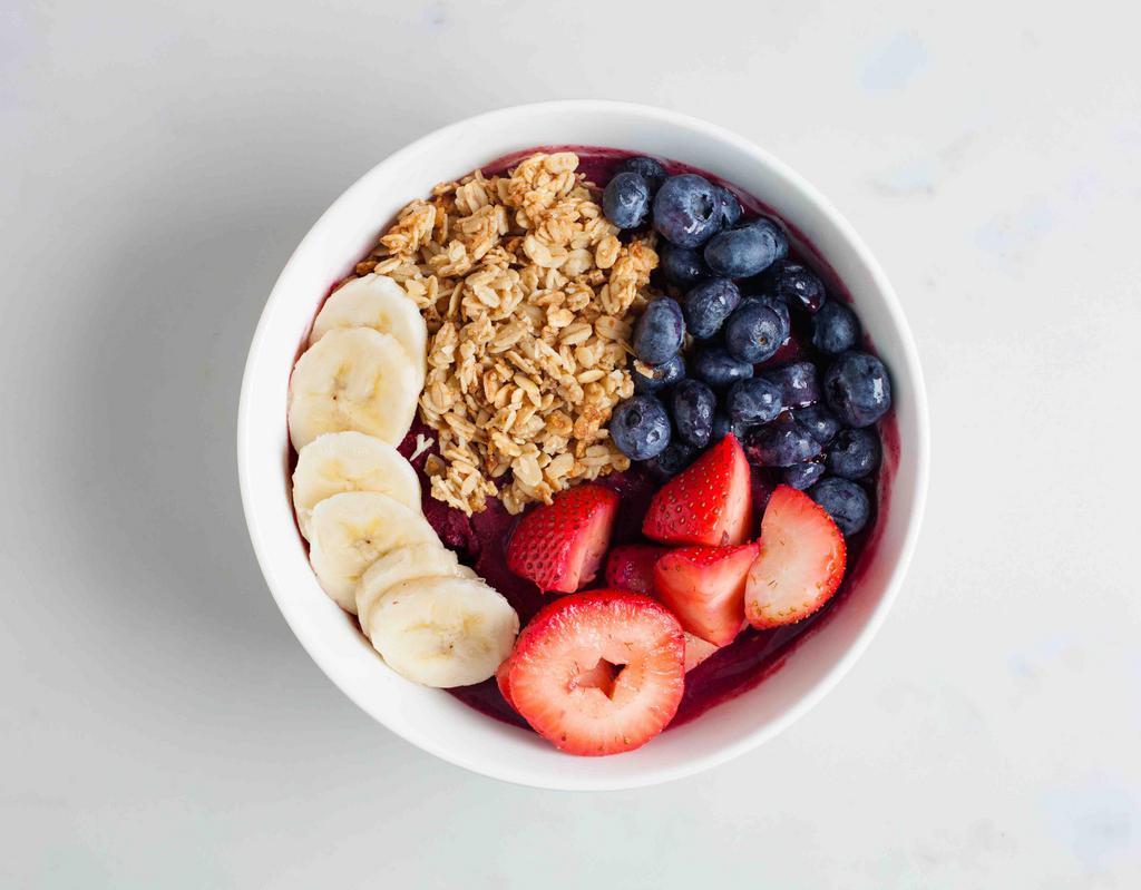 Berry Acai Bowl · Coconut water, acai, banana, blueberries, raspberries. Topped with granola, banana, blueberries and strawberries.