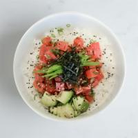 Ahi Tuna Bowl · Tuna, avocado, snowpeas, scallions, sesame seeds, shredded nori and poke sauce.