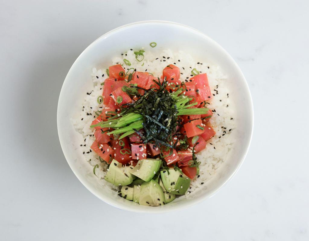 Ahi Tuna Bowl · Tuna, avocado, snowpeas, scallions, sesame seeds, shredded nori and poke sauce.