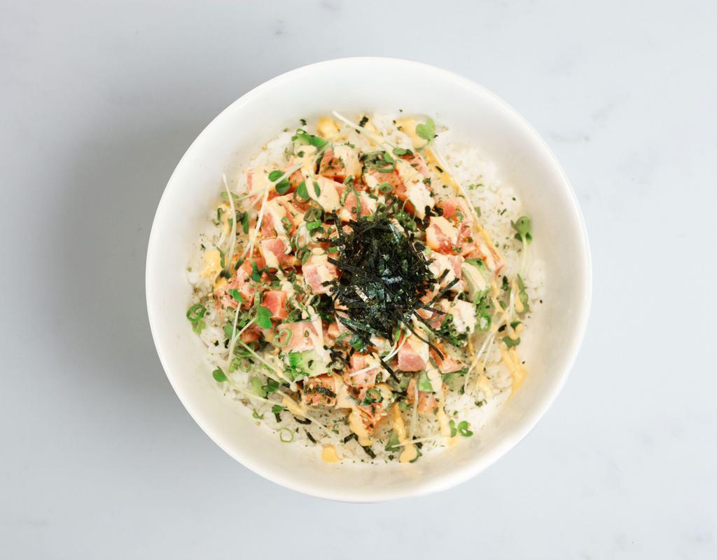Spicy Tuna Bowl · Tuna, scallions, sesame seeds, avocado, kaiware, shredded nori, furikake and spicy mayo sauce.