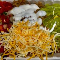 Meat Bowl · Choice of meat with rice, choice of beans, cheese, sour cream, pico de gallo, and guacamole ...