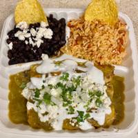 Enchilada combo (3 Enchiladas, Green Salsa) · melted cheese, choice of meat or vegetarian. Topped with green salsa, Sour cream, Cilantro a...