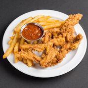 Chicken Tenders · Fresh strips of chicken breast, breaded and fried crispy. Served over french fries and with ...