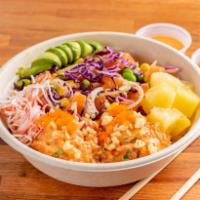 Salmon Lover · Salmon and 2 Scoops of Spicy Salmon, Cucumber, Edamame, Sweet Onion, Organic Corn, Red Cabba...