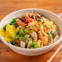Ginger Meat Bowl · Grilled Chicken Breast or Beef Steak, Kale, Cilantro, Sweet Onion, Carrot, Radish, Edamame, ...