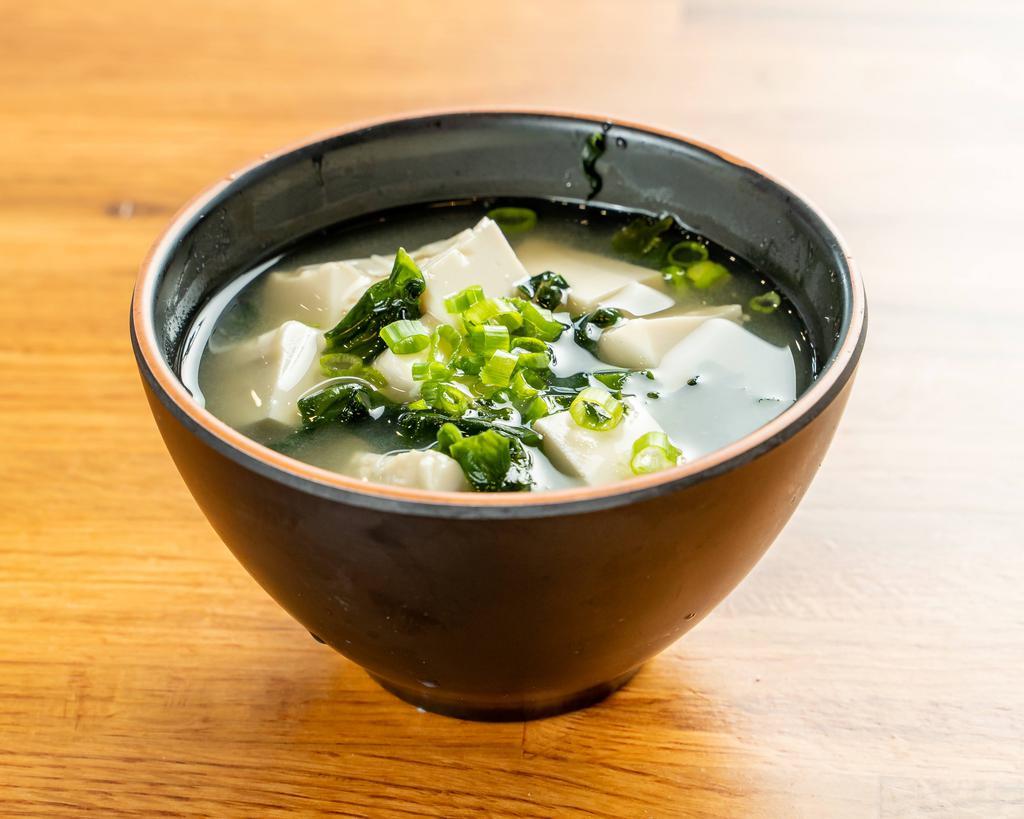 Miso Soup  · Dashi ( Japanese Soup Stock) , Miso , Tofu , Wakame ( Dried Seaweed ) , Shiitake Mushroom , Scallion , 12oz Cup .