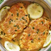 CHICKEN FRANCAISE · Tender chicken breast sauteed in a light lemon butter sauce