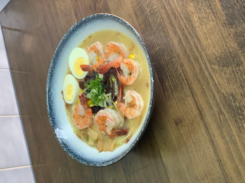 Shrimp Ramen · Wavy noodle in our homemade soup topped with scallion, bean sprouts, cabbage, corn, and boiled egg.