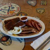 One-Meat Plate · 6 oz. lean sliced beef, 3 ribs, or 6 oz. of seasoned sausage links. Served with your choice ...