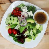 Classic Greek Box Lunch · Mixed greens, sliced cucumbers, avocado, feta cheese, cherry tomatoes, kalamata olives, red ...