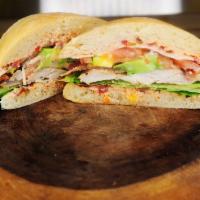 Chicken Sandwich Box Lunch · Grilled chicken breast, bacon, avocado, green leaf lettuce, tomato, pepper-jack cheese, roas...