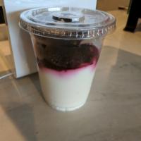 Fruit and Yogurt Parfait · Chobani Greek vanilla flavored yogurt topped with mixed berries and granola.