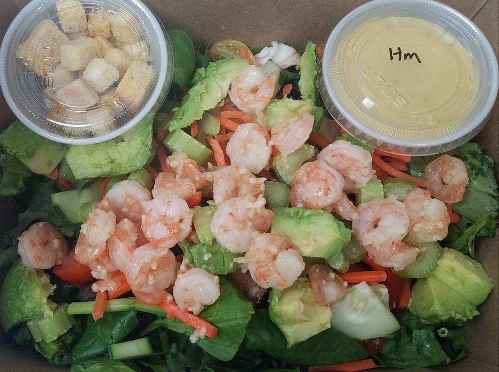 Shrimp Salad  · Hero greens, tomato, celery, cucumber, carrots, avocado, shrimp, and egg.

