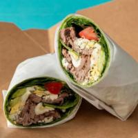 Steak & Spinach Wrap · Spinach, blue cheese crumble, red onion, bacon, tomato, avocado, 5 oz steak, and egg.