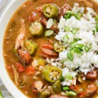 Chicken and Sausage Gumbo Soup · Thick soup made from okra typically served with protein and a variety of vegetables. 