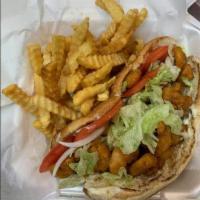 Shrimp Po Boy · Lettuce, tomatoes, onion and pickles with 1 side.