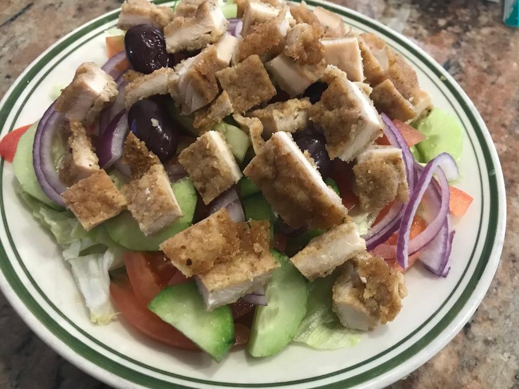 Mariella Chicken Cutlet Salad · Lettuce, tomato, onion, cucumber and olives, topped with diced fried chicken cutlet and hose dressing.