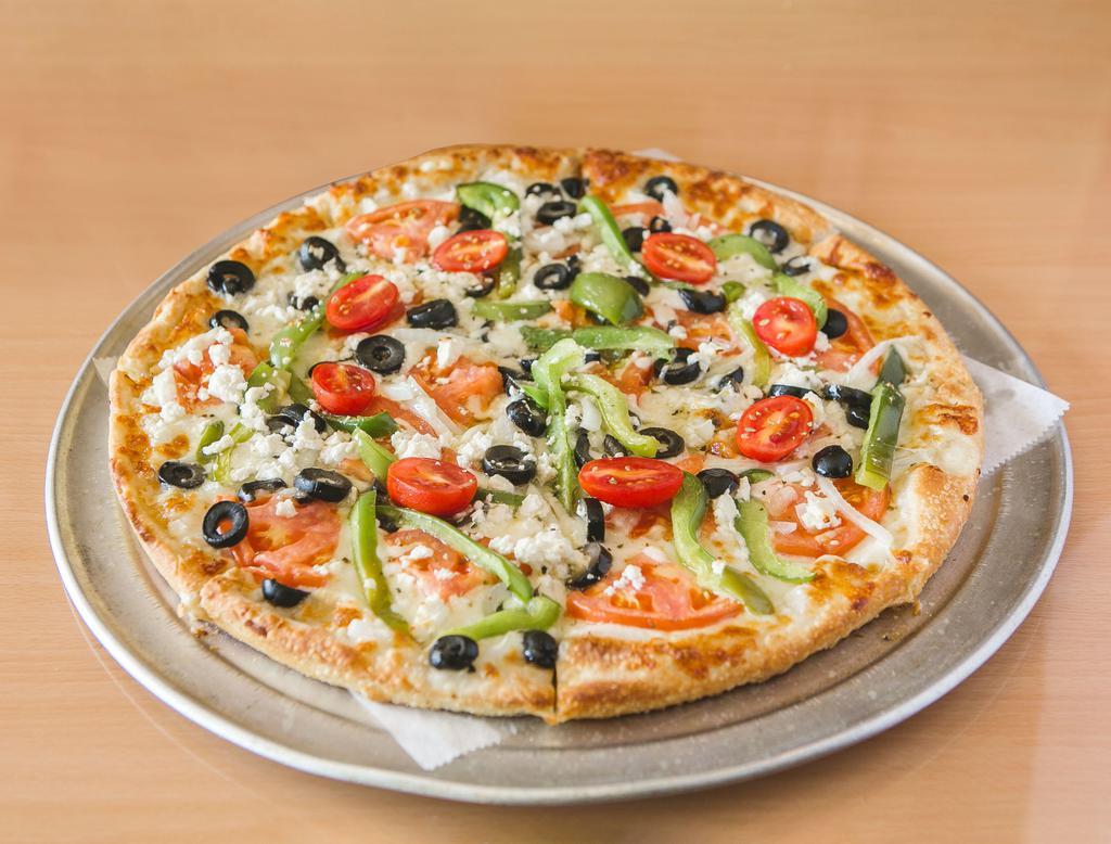 Greek Pizza · garlic and oil, mozzarella cheese, fresh Tomatoes, olives, feta cheese, onions and peppers.