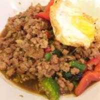 1. Bangkok Minced Basil · Your choice of minced meat, bell pepper, string bean with spicy basil sauce. Spicy.