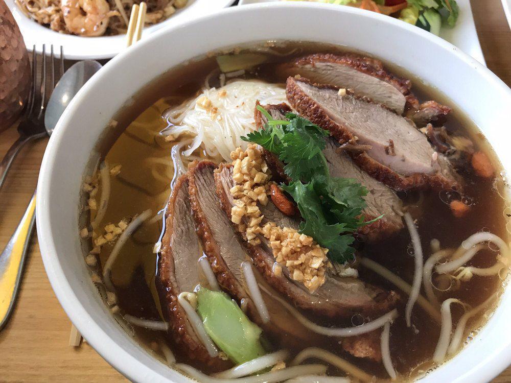 2. Duck Noodle Soup · Rice noodle, crispy duck, Chinese broccoli, bean sprout in herbal broth.