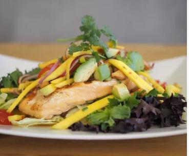 9. Salmon Mango · Grilled salmon served with mango salad. Spicy.