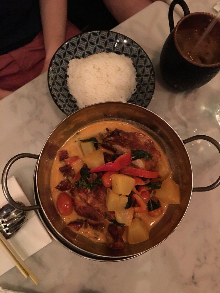 10. Duck Pineapple Curry · Boneless duck, pineapple, bell pepper, cherry tomato and basil in red curry sauce. Spicy.