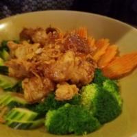 17. Shrimp Tamarind · Crispy Shrimp served with steamed veggies topped with tamarind sauce