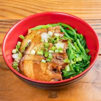 N3. Melt in Your Mouth Pork Belly Noodles · Pork belly over noodles with vegetable and scallions with sauce (it doesn't come with soup j...