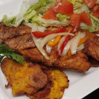 Red Snapper (Whole) Dinner · Kreyol seasoned red snapper (fry or steam) served with fry plantain, choice of rice, and gar...