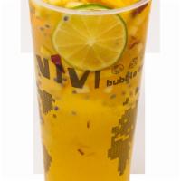 Jasmine Lemon · Fresh lime juice, come with tea jelly, orange, apple, chia seed, lime.
