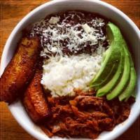 Shredded Beef Bowl · White rice, black beans, sweet yellow plantain and white cheese.