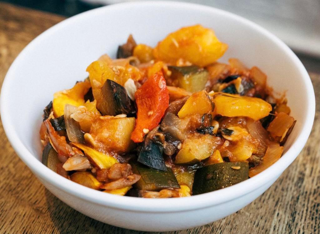 Ratatouille · It is a french recipe from the south of France. 
contains: eggplant, zucchini, yellow squash, onion, red and yellow peppers, parsley, garlic and tomato paste. 
*Gluten free
*Dairy free
*Vegan 
