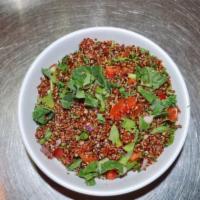 Quinoa Kale Salad · Quinoa (base of dish), kale, tomato, yellow and red peppers, onion, balsamic vinaigrette. 
*...