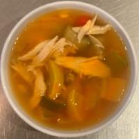 Chicken Soup · home made chicken broth with eggplant, red and yellow pepper, zucchini, and chicken.
