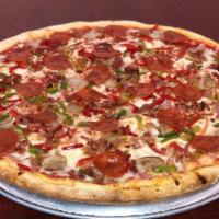 Sausage Pepperoni Pizza · Homemade marinara, mozzarella cheese, sweet Italian sausage, and pepperoni