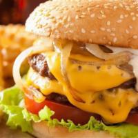 Double Burger COMBO w/Fries and Canned Soda · With or without cheese, no additional charge (grilled onions extra)