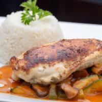 Pollo Guajira · Served with stuffed chicken breast with sweet plantain, mozzarella cheese, tomato, peppers, ...
