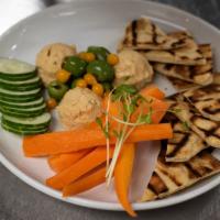 Chef Inspired Hummus · Warm Naan | Olives | Fresh Vegetables
