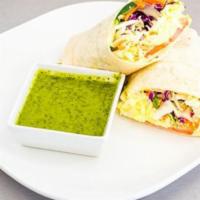 Friendly Egg Wrap · Wrap filled Egg Salad, Tomatoes, White and Red Coleslaw, Carrot, Cucumber, With Cilantro Lim...