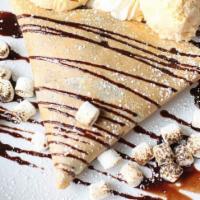 S’mores Crepe · Nutella, lightly torched marshmallows, graham crackers, chocolate chips.