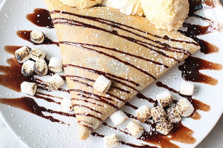 S’mores Crepe · Nutella, lightly torched marshmallows, graham crackers, chocolate chips.