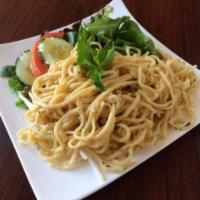 Garlic Noodle · Egg noodle, butter, garlic, parsley, parmesan chesses, and nuoc nam, seasonal green, bean sp...